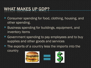 Consumer spending for food, clothing, housing, and other spending. Business spending for buildings, equipment, and inventory items Government spending to pay employees and to buy supplies and other goods and services The exports of a country less the imports into the country 