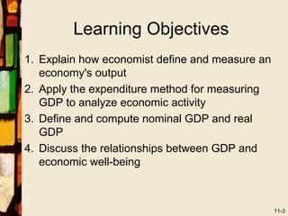 Learning Objectives
1. Explain how economist define and measure an
   economy's output
2. Apply the expenditure method for measuring
   GDP to analyze economic activity
3. Define and compute nominal GDP and real
   GDP
4. Discuss the relationships between GDP and
   economic well-being



                                                 11-3
 