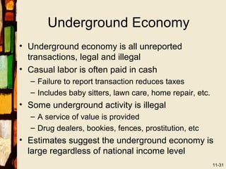 Underground Economy
• Underground economy is all unreported
  transactions, legal and illegal
• Casual labor is often paid in cash
  – Failure to report transaction reduces taxes
  – Includes baby sitters, lawn care, home repair, etc.
• Some underground activity is illegal
  – A service of value is provided
  – Drug dealers, bookies, fences, prostitution, etc
• Estimates suggest the underground economy is
  large regardless of national income level
                                                          11-31
 