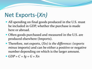 Net Exports-(Xn)
 All spending on final goods produced in the U.S. must
be included in GDP, whether the purchase is made
here or abroad.
 Often goods purchased and measured in the U.S. are
produced elsewhere (Imports).
 Therefore, net exports, (Xn) is the difference: (exports
minus imports) and can be either a positive or negative
number depending on which is the larger amount.
 GDP = C + Ig + G + Xn
 