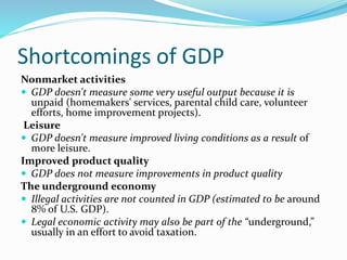 Shortcomings of GDP
Nonmarket activities
 GDP doesn't measure some very useful output because it is
unpaid (homemakers' services, parental child care, volunteer
efforts, home improvement projects).
Leisure
 GDP doesn't measure improved living conditions as a result of
more leisure.
Improved product quality
 GDP does not measure improvements in product quality
The underground economy
 Illegal activities are not counted in GDP (estimated to be around
8% of U.S. GDP).
 Legal economic activity may also be part of the “underground,”
usually in an effort to avoid taxation.
 