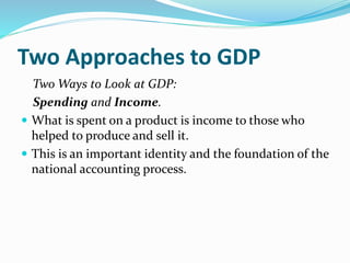 Two Approaches to GDP
Two Ways to Look at GDP:
Spending and Income.
 What is spent on a product is income to those who
helped to produce and sell it.
 This is an important identity and the foundation of the
national accounting process.
 
