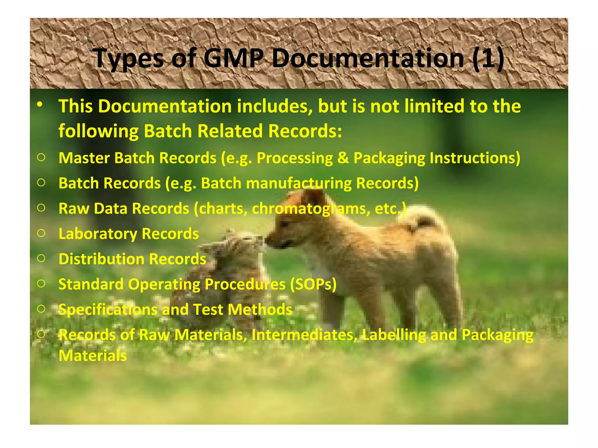 Types of GMP Documentation (1)
• This Documentation includes, but is not limited to the
following Batch Related Records:
o Master Batch Records (e.g. Processing & Packaging Instructions)
o Batch Records (e.g. Batch manufacturing Records)
o Raw Data Records (charts, chromatograms, etc.)
o Laboratory Records
o Distribution Records
o Standard Operating Procedures (SOPs)
o Specifications and Test Methods
o Records of Raw Materials, Intermediates, Labelling and Packaging
Materials
 