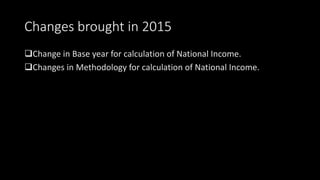 Changes brought in 2015
Change in Base year for calculation of National Income.
Changes in Methodology for calculation of National Income.
 