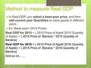 Method to measure Real GDP
 In Real GDP, you select a base-year price, and then
add current year Quantities to value goods in different
years.
 Ex: Base-year= 2015 Prices
Real GDP for 2015 = ( 2015 Price of Apple*2015 Quantity
of Apple) + ( 2015 Price of Banana * 2015 Quantity of
Banana)
Real GDP for 2016 = ( 2015 Price of Apple*2016 Quantity
of Apple) + ( 2015 Price of Banana * 2016 Quantity of
Banana)
And so on……
 