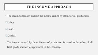 THE INCOME APPROACH
• The income approach adds up the income earned by all factors of production:
Labor.
Land.
Capital.
• The income earned by these factors of production is equal to the value of all
final goods and services produced in the economy.
 