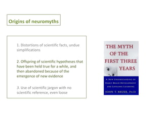 Origins of neuromyths

1. Distortions of scientific facts, undue
simplifications
2. Offspring of scientific hypotheses that
have been held true for a while, and
then abandoned because of the
emergence of new evidence
3. Use of scientific jargon with no
scientific reference, even loose

 