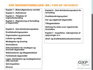 GDP BEKENDTGØRELSEN NR.: 1359 AF 18/12/2012
Kapitel 1 - Bekendtgørelsens område
Kapitel 2 - Definitioner
Kapitel 3 - Tilladelse til
engrosforhandling
Kapitel 4 - Registrering af formidling
af lægemidler
Kapitel 5 - God distributionspraksis
Kvalitetssikringssystem
Organisation og personale
Lokaler og udstyr
Modtagelse og levering
Kontrolbevis
Dokumentation for modtagne og
leverede lægemidler
Reklamationer og tilbagekaldelser
Forfalskede lægemidler
Lager, distribution og modtagekontrol
efter kontrakt
Selvinspektion
Diverse
Kapitel 6 - God distributionspraksis for
formidling
Kvalitetssikringssystem
Ind- og udgående lægemidler
Tilbagekaldelse
Sletning fra listen over registrerede
formidlere
Kapitel 7 - Inspektion, videregivelse af
oplysninger m.v.
Straf- og ikrafttrædelsesbestemmelser
We come to your Aid
 