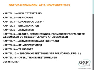 GDP VEJLEDNINGEN AF 5. NOVEMBER 2013
KAPITEL 1 — KVALITETSSTYRING
KAPITEL 2 — PERSONALE
KAPITEL 3 — LOKALER OG UDSTYR
KAPITEL 4 — DOKUMENTATION
KAPITEL 5 — AKTIVITETER
KAPITEL 6 — KLAGER, RETURNERINGER, FORMODEDE FORFALSKEDE
LÆGEMIDLER OG TILBAGETRÆKNING AF LÆGEMIDLER
KAPITEL 7 — AKTIVITETER UDLAGT I KONTRAKT
KAPITEL 8 — SELVINSPEKTIONER
KAPITEL 9 — TRANSPORT
KAPITEL 10 — SPECIFIKKE BESTEMMELSER FOR FORMIDLERE ( 1 )
KAPITEL 11 — AFSLUTTENDE BESTEMMELSER
DEFINITIONER
Succeed with Quality
 