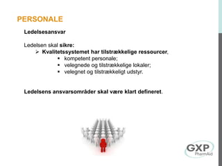 Ledelsesansvar
Ledelsen skal sikre:
 Kvalitetssystemet har tilstrækkelige ressourcer,
 kompetent personale;
 velegnede og tilstrækkelige lokaler;
 velegnet og tilstrækkeligt udstyr.
Ledelsens ansvarsområder skal være klart defineret.
PERSONALE
 