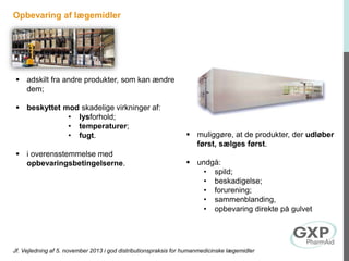 Opbevaring af lægemidler
 adskilt fra andre produkter, som kan ændre
dem;
 beskyttet mod skadelige virkninger af:
• lysforhold;
• temperaturer;
• fugt.
 i overensstemmelse med
opbevaringsbetingelserne.
 muliggøre, at de produkter, der udløber
først, sælges først.
 undgå:
• spild;
• beskadigelse;
• forurening;
• sammenblanding,
• opbevaring direkte på gulvet
Jf. Vejledning af 5. november 2013 i god distributionspraksis for humanmedicinske lægemidler
 