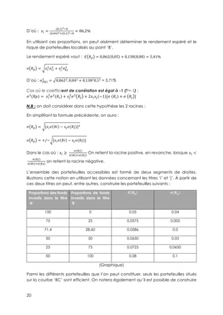 20
D’où : JE =
(4,5)F&4
(4,4q)F<(4,5)F&4
= 86,2%
En utilisant ces proportions, on peut aisément déterminer le rendement espéré et le
risque de portefeuilles localisés au point ‘B’.
Le rendement espéré vaut : A !í = 0,862 0,05 + 0,138 0,08 = 5,41%
w !í = JE
3
w¨E
3
+ J~
3
wC~
3
D’où : w(Cí)
3
= 0,8623. 0,043 + 0,13830,13 = 3,71%
Cas où le coefficient de corrélation est égal à -1 (P=-1) :
w3
!W = -JE
3
w3
!E + J~
3
w3
!~ + 2JEJ~ −1 [w-
!E + w-
!~ ]
N.B : on doit considérer dans cette hypothèse les 2 racines :
En simplifiant la formule précédente, on aura :
w !í = [JEw !X − J~w(!ë)]3
w !í = +/− [JEw !X − J~w(!ë)]-
Dans le cas où : JE ≥ -
é(C~)
é(CE)<é(C~)
On retient la racine positive, en revanche, lorsque JE <
-
é(C~)
é(CE)<é(C~)
on retient la racine négative.
L’ensemble des portefeuilles accessibles est formé de deux segments de droites.
Illustrons cette notion en utilisant les données concernant les titres ‘i’ et ‘j’. À partir de
ces deux titres on peut, entre autres, construire les portefeuilles suivants :
Proportions des fonds
investis dans le titre
‘A’
Proportions de fonds
investis dans le titre
‘B’
L(.°) ¢(.°)
100 0 0,05 0,04
75 25 0,0575 0,005
71,4 28,60 0,0586 0,0
50 50 0,0650 0,03
25 75 0,0725 0,0650
00 100 0,08 0,1
(Graphique)
Parmi les différents portefeuilles que l’on peut constituer, seuls les portefeuilles situés
sur la courbe ‘BC’ sont efficient. On notera également qu’il est possible de construire
 