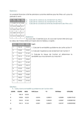 22
Exercice :
Un analyste financier a fait les prévisions suivantes relatives pour les titres x et y pour la
période à venir :
a.! Calculer la variance du rendement du titre x
b.! Calculer la variance du rendement du titre y
c.! Calculer la covariance entre les rendements des titre x et y
Exercice :
Au cours des 12 derniers jours, le cours de l’action IAM ainsi que
la valeur de l’indice MASI sont repris dans le tableau ci-après :
T.A.F :
1. Calculer la rentabilité quotidienne de cette action ?
2. Calculer l’espérance de rendement de l’action ?
3. Calculer le risque de l’action et déterminer la
sensibilité aux mouvements du marché ?
Solution :
1.! Calcul de la rentabilité quotidienne de l’action IAM :
JOURS COURS MASI VAR.Cours ^@ VAR.Masi COV(C/M)
1 196,18 102,30
2 195,80 102,20 -0,0019 0,000011 -0,00098 0,0000179122
3 194,55 101,60 -0,0064 0,000431 -0,00587 0,0000801052
4 194,14 101,40 -0,0021 0,000271 -0,00197 0,0000222362
k M∞ .N± .≤±
1 0,20 0,14 0,08
2 0,10 0,04 0,11
3 0,25 0,21 0,16
4 0,30 0,14 0,11
5 0,15 0,04 0,16
Jours Cours IAM MASI
1 196,18 102,30
2 195,80 102,20
3 194,55 101,60
4 194,14 101,40
5 193,75 100,60
6 195,11 101,40
7 196,35 102,10
8 197,00 103,60
9 197,30 104,70
10 198,00 105,80
11 198,20 106,00
12 199,00 107,50
 
