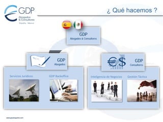 ¿ Qué hacemos ?

GDP
Abogados & Consultores

GDP

GDP

Abogados

Servicios Jurídicos

GDP Backoffice

Consultores

Inteligencia de Negocios

Gestión Táctica

 