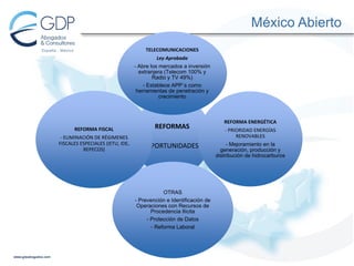México Abierto
TELECOMUNICACIONES
Ley Aprobada
- Abre los mercados a inversión
extranjera (Telecom 100% y
Radio y TV 49%)
- Establece APP`s como
herramientas de penetración y
crecimiento

REFORMA FISCAL

REFORMAS

‐ ELIMINACIÓN DE RÉGIMENES 
FISCALES ESPECIALES (IETU, IDE, 
REPECOS)

OPORTUNIDADES

OTRAS
- Prevención e Identificación de
Operaciones con Recursos de
Procedencia Ilícita
- Protección de Datos
- Reforma Laboral

REFORMA ENERGÉTICA
‐ PRIORIDAD ENERGÍAS 
RENOVABLES
- Mejoramiento en la
generación, producción y
distribución de hidrocarburos

 