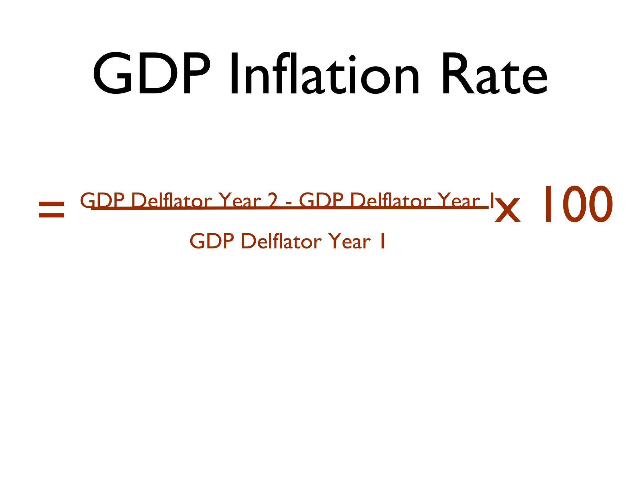 GDP Inflation Rate

=                                             x 100
    GDP Delflator Year 2 - GDP Delflator Year 1
               GDP Delflator Year 1
 