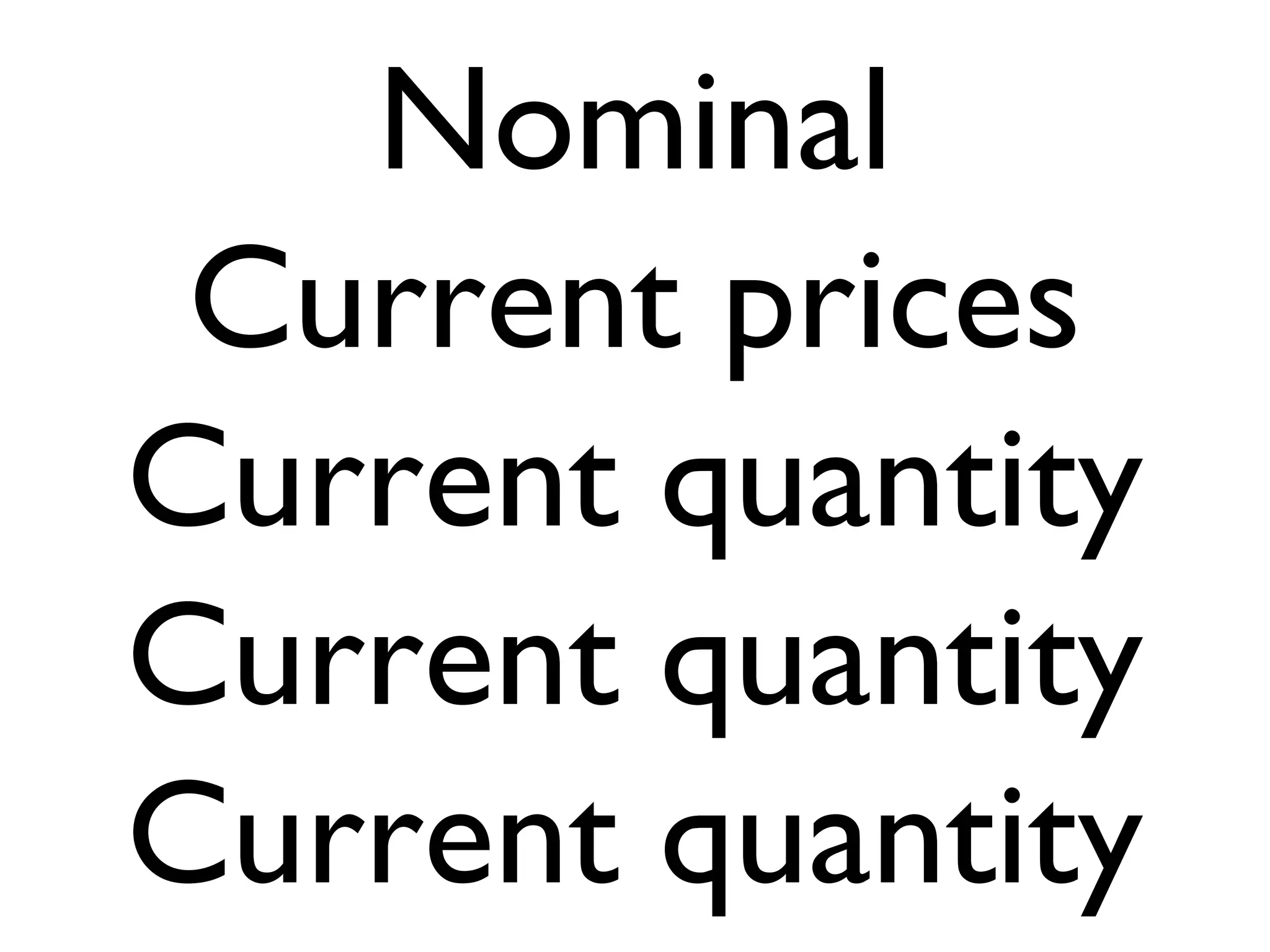 Nominal
 Current prices
Current quantity
Current quantity
Current quantity
 