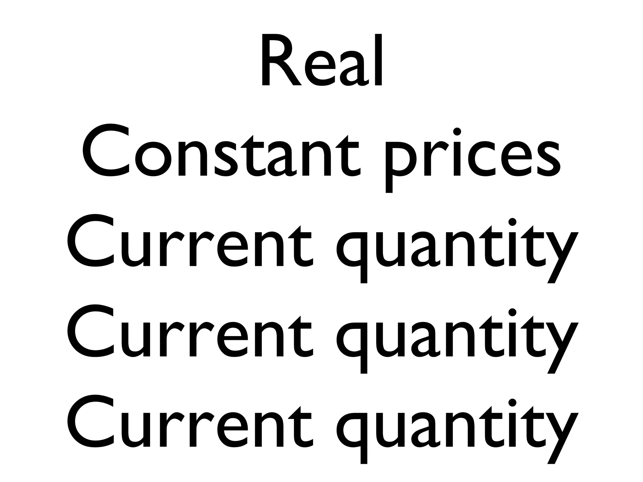 Real
Constant prices
Current quantity
Current quantity
Current quantity
 