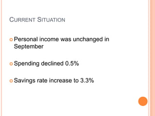 Current SituationPersonal income was unchanged in SeptemberSpending declined 0.5% Savings rate increase to 3.3%