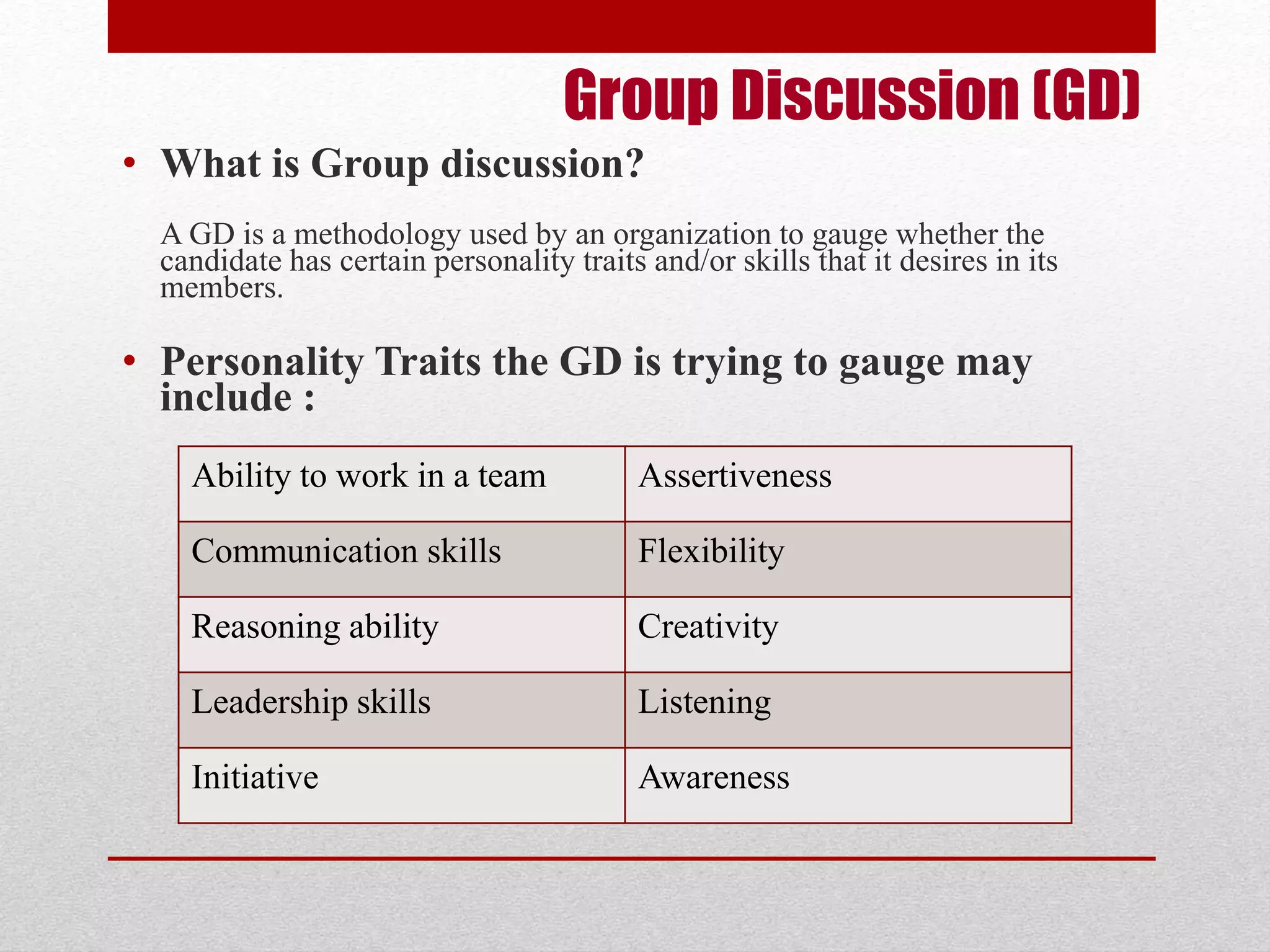 Group Discussion (GD) 
• What is Group discussion? 
A GD is a methodology used by an organization to gauge whether the 
candidate has certain personality traits and/or skills that it desires in its 
members. 
• Personality Traits the GD is trying to gauge may 
include : 
Ability to work in a team Assertiveness 
Communication skills Flexibility 
Reasoning ability Creativity 
Leadership skills Listening 
Initiative Awareness 
 