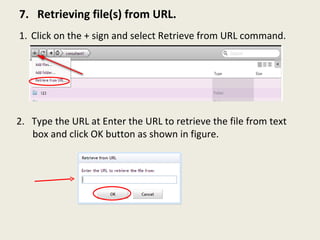 7.  Retrieving file(s) from URL. 2.  Type the URL at Enter the URL to retrieve the file from text box and click OK button as shown in figure. Click on the + sign and select Retrieve from URL command. 