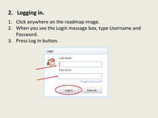 2.  Logging in. Click anywhere on the roadmap image.  When you see the Login message box, type Username and Password. Press Log In button. 