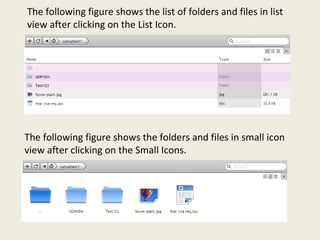 The following figure shows the list of folders and files in list view after clicking on the List Icon. The following figure shows the folders and files in small icon view after clicking on the Small Icons. 