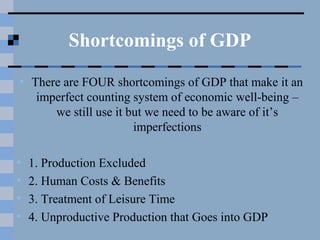Shortcomings of GDP
• There are FOUR shortcomings of GDP that make it an
imperfect counting system of economic well-being –
we still use it but we need to be aware of it’s
imperfections
• 1. Production Excluded
• 2. Human Costs & Benefits
• 3. Treatment of Leisure Time
• 4. Unproductive Production that Goes into GDP
 