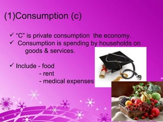 Consumption (c) “ C” is private consumption  the economy. Consumption is spending by households on goods & services. Include - food - rent - medical expenses  