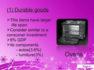 (1) Durable goods This items have larger life span.  Consider similar to a consumer investment 8% GDP Its components - autos(3.6%) - furniture(3%) Ovens 