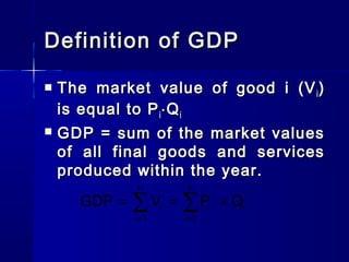 Definition of GDPDefinition of GDP
The market value of good i (VThe market value of good i (Vii ))
is equal to Pis equal to Pii ⋅⋅QQii
GDP = sum of the market valuesGDP = sum of the market values
of all final goods and servicesof all final goods and services
produced within the year.produced within the year.
= =
= = ×∑ ∑
n n
i i i
i 1 i 1
GDP V P Q