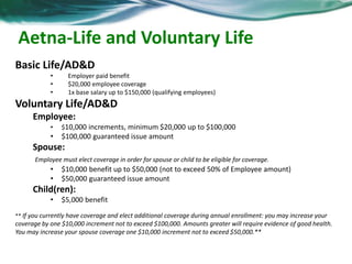 Aetna-Life and Voluntary Life 
Basic Life/AD&D 
• Employer paid benefit 
• $20,000 employee coverage 
• 1x base salary up to $150,000 (qualifying employees) 
Voluntary Life/AD&D 
Employee: 
• $10,000 increments, minimum $20,000 up to $100,000 
• $100,000 guaranteed issue amount 
Spouse: 
Employee must elect coverage in order for spouse or child to be eligible for coverage. 
• $10,000 benefit up to $50,000 (not to exceed 50% of Employee amount) 
• $50,000 guaranteed issue amount 
Child(ren): 
• $5,000 benefit 
** If you currently have coverage and elect additional coverage during annual enrollment: you may increase your 
coverage by one $10,000 increment not to exceed $100,000. Amounts greater will require evidence of good health. 
You may increase your spouse coverage one $10,000 increment not to exceed $50,000.** 
 