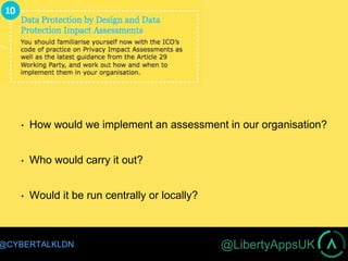 @LibertyAppsUK@CYBERTALKLDN
How would we implement an assessment in our organisation?
Who would carry it out?
Would it be run centrally or locally?
 