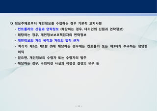 - 11 -
정보주체로부터 개인정보를 수집하는 경우 기본적 고지사항
- 컨트롤러의 신원과 연락정보 해당하는 경우 대리인의 신원과 연락정보( , )
해당하는 경우 개인정보보호책임자의 연락정보- ,
- 개인정보의 처리 목적과 처리의 법적 근거
처리가 제 조 제 항 에 해당하는 경우에는 컨트롤러 또는 제 자가 추구하는 정당한- 6 1 (f) 3
이익
있으면 개인정보의 수령자 또는 수령자의 범주- ,
해당하는 경우 국외이전 사실과 적정성 결정의 유무 등- ,
 