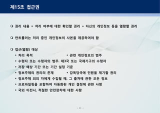 - 21 -
제 조 접근권15
권리 내용 처리 여부에 대한 확인할 권리 자신의 개인정보 등을 열람할 권리= +
컨트롤러는 처리 중인 개인정보의 사본을 제공하여야 함
접근 열람 대상( )
처리 목적 관련 개인정보의 범주 
수령자 또는 수령자의 범주 제 국 또는 국제기구의 수령자. 3
저장 예상 기간 또는 기간 설정 기준
정보주체의 권리의 존재 감독당국에 민원을 제기할 권리 
정보주체 외의 자에게 수집될 때 그 출처에 관한 모든 정보,
프로파일링을 포함하여 자동화된 개인 결정에 관한 사항
국외 이전시 적절한 안전장치에 대한 사항,
 