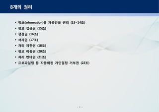 - 3 -
개의 권리8
정보 를 제공받을 권리 조(information) (13~14 )
정보 접근권 조(15 )
정정권 조(16 )
삭제권 조(17 )
처리 제한권 조(18 )
정보 이동권 조(20 )
처리 반대권 조(21 )
프로파일링 등 자동화된 개인결정 거부권 조(22 )
 
