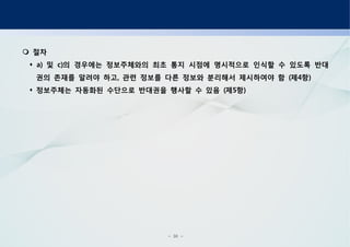 - 30 -
절차
및 의 경우에는 정보주체와의 최초 통지 시점에 명시적으로 인식할 수 있도록 반대a) c)
권의 존재를 알려야 하고 관련 정보를 다른 정보와 분리해서 제시하여야 함 제 항, ( 4 )
정보주체는 자동화된 수단으로 반대권을 행사할 수 있음 제 항( 5 )
 