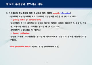 - 4 -
제 조 투명성과 정보제공 의무12
컨트롤러의 정보주체에 대한 정보제공 의무 제 항( 1 , provide information)
정보주체 또는 정보주체 외의 자로부터 개인정보를 수집할 때 제 조- ( 12 ~ 13 )
privacy notice {+ consent form}☞
정보주체가 자신의 개인정보에 대하여 접근권 정정권 삭제권 처리제한권 이동권 반대- , , , , ,
권 자동화된 개인결정 거부권을 행사할 때 제 조, ( 14 ~ 22 )
개인정보가 유출되었을 때 제 조- ( 34 )
breach notification☞
정정권 삭제권 처리제한권을 행사할 때 정보주체에게 수령자 의 정보를 제공하여야 함- , , ‘ ’
제 조( 19 )
* data protection policy 제 조 제 항 의무: 24 2 (implement )
 