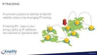 A common practice to attempt to identify
website visitors is by leveraging IP tracking
If tracking IPs - state in your
privacy policy as IP addresses
are classiﬁed as “personal data”
IP TRACKING
 