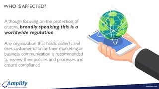 Although focusing on the protection of
citizens, broadly speaking this is a
worldwide regulation
Any organization that holds, collects and
uses customer data for their marketing or
business communication is recommended
to review their policies and processes and
ensure compliance
WHO IS AFFECTED?
 