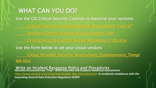 WHAT CAN YOU DO?
Use the CIS Critical Security Controls to baseline your systems
Critical-Security-Control-Manual-Assessment-Tool-v7
Security-Control-Executive-Assessment-Tool
Critical Security Control SubSet Mappings v7.0b.xlsx
Use the form below to vet your cloud vendors
Cloud_Provider_Security_Assessment_Questionnaire_Templ
ate.xlsx
Write an Incident Response Policy and Procedures
14
Absolute announced new “Free” GDPR Data Risk and Endpoint Readiness Assessments
https://www.absolute.com/en/go/reports/gdpr-data-risk-assessment to accelerate compliance with the
impending General Data Protection Regulation (GDPR
 