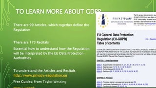 TO LEARN MORE ABOUT GDPR
There are 99 Articles, which together define the
Regulation
There are 173 Recitals
Essential how to understand how the Regulation
will be interpreted by the EU Data Protection
Authorities
To understand the Articles and Recitals
http://www.privacy-regulation.eu
Free Guides: from Taylor Wessing
4
 
