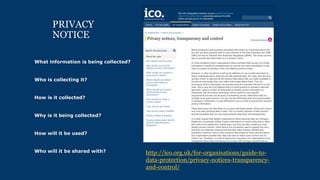 PRIVACY
NOTICE
What information is being collected?
Who is collecting it?
How is it collected?
Why is it being collected?
How will it be used?
Who will it be shared with? http://ico.org.uk/for-organisations/guide-to-
data-protection/privacy-notices-transparency-
and-control/
 