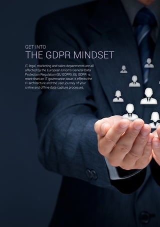 GET INTO
THE GDPR MINDSET
IT, legal, marketing and sales departments are all
affected by the European Union’s General Data
Protection Regulation (EU GDPR). EU GDPR is
more than an IT governance issue, it effects the
IT architecture and the user journey of your
online and offline data capture processes.
 
