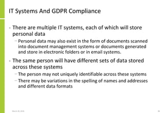 IT Systems And GDPR Compliance
• There are multiple IT systems, each of which will store
personal data
− Personal data may...