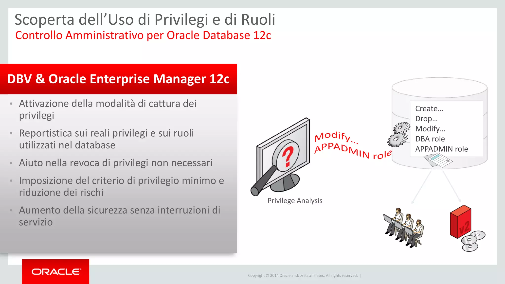 Copyright © 2014 Oracle and/or its affiliates. All rights reserved. |
DBV & Oracle Enterprise Manager 12c
Scoperta dell’Uso di Privilegi e di Ruoli
Controllo Amministrativo per Oracle Database 12c
Privilege Analysis
Create…
Drop…
Modify…
DBA role
APPADMIN role
• Attivazione della modalità di cattura dei
privilegi
• Reportistica sui reali privilegi e sui ruoli
utilizzati nel database
• Aiuto nella revoca di privilegi non necessari
• Imposizione del criterio di privilegio minimo e
riduzione dei rischi
• Aumento della sicurezza senza interruzioni di
servizio
 
