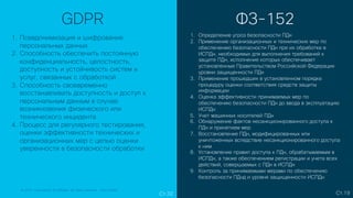 © 2019 Cisco and/or its affiliates. All rights reserved. Cisco Public© 2019 Cisco and/or its affiliates. All rights reserved. Cisco Public
1. Определение угроз безопасности ПДн
2. Применение организационных и технических мер по
обеспечению безопасности ПДн при их обработке в
ИСПДн, необходимых для выполнения требований к
защите ПДн, исполнение которых обеспечивает
установленные Правительством Российской Федерации
уровни защищенности ПДн
3. Применение прошедших в установленном порядке
процедуру оценки соответствия средств защиты
информации
4. Оценка эффективности принимаемых мер по
обеспечению безопасности ПДн до ввода в эксплуатацию
ИСПДн
5. Учет машинных носителей ПДн
6. Обнаружение фактов несанкционированного доступа к
ПДн и принятием мер
7. Восстановление ПДн, модифицированных или
уничтоженных вследствие несанкционированного доступа
к ним
8. Установление правил доступа к ПДн, обрабатываемым в
ИСПДн, а также обеспечением регистрации и учета всех
действий, совершаемых с ПДн в ИСПДн
9. Контроль за принимаемыми мерами по обеспечению
безопасности ПДнд и уровня защищенности ИСПДн
GDPR ФЗ-152
1. Псевдонимизация и шифрование
персональных данных
2. Способность обеспечить постоянную
конфиденциальность, целостность,
доступность и устойчивость систем и
услуг, связанных с обработкой
3. Способность своевременно
восстанавливать доступность и доступ к
персональным данным в случае
возникновения физического или
технического инцидента
4. Процесс для регулярного тестирования,
оценки эффективности технических и
организационных мер с целью оценки
уверенности в безопасности обработки
Ст.19Ст.32
 