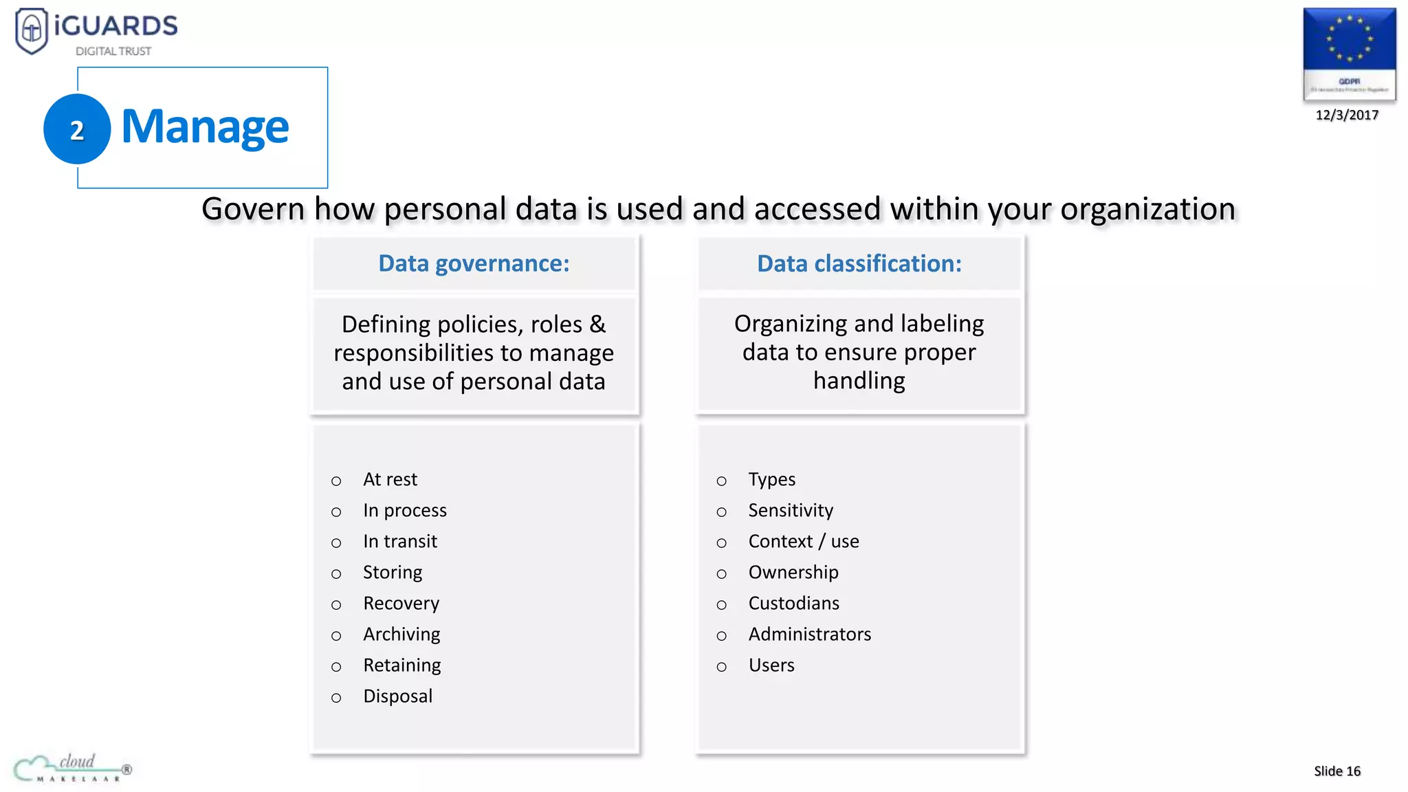 Slide 16
12/3/2017
Data governance: Data classification:
Manage2
 