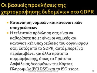  Κατανόηση νομικών και κανονιστικών
υποχρεώσεων
 Η τελευταία πρόκληση σας είναι να
καθορίσετε ποιες είναι οι νομικές και
κανονιστικές υποχρεώσεις του οργανισμού
σας. Εκτός από το GDPR, αυτό μπορεί να
περιλαμβάνει και άλλα πρότυπα
συμμόρφωσης, όπως το Πρότυπο
Ασφάλειας Δεδομένων της Κάρτας
Πληρωμών (PCI DSS) και το ISO 27001.Εισηγητής: Νίκος Μπαλατσούκας - html.gr 12
 