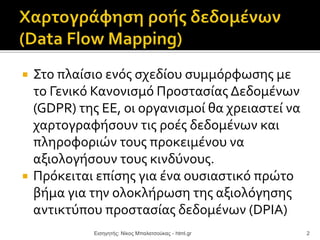  Στο πλαίσιο ενός σχεδίου συμμόρφωσης με
το Γενικό Κανονισμό Προστασίας Δεδομένων
(GDPR) της ΕΕ, οι οργανισμοί θα χρειαστεί να
χαρτογραφήσουν τις ροές δεδομένων και
πληροφοριών τους προκειμένου να
αξιολογήσουν τους κινδύνους.
 Πρόκειται επίσης για ένα ουσιαστικό πρώτο
βήμα για την ολοκλήρωση της αξιολόγησης
αντικτύπου προστασίας δεδομένων (DPIA)
Εισηγητής: Νίκος Μπαλατσούκας - html.gr 2
 